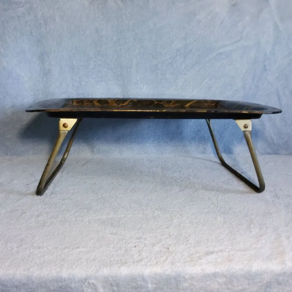 Vintage Metal TV Lap Tray Bed Breakfast Foldable Legs Black Gold Faux Marble